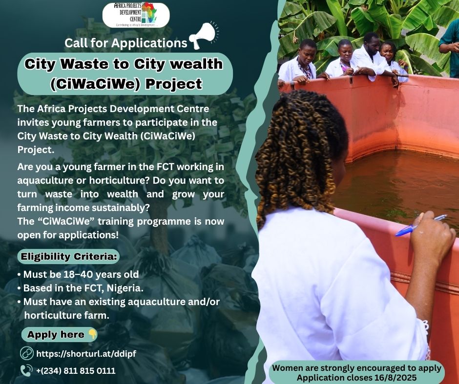 Call for Applications: APDC invites young farmers to participate in the City Waste for Increased City Food & Wealth (CiwaCiwe) project.